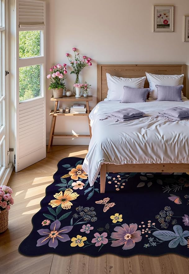 Lahome Floral Washable Rugs for Living Room, 5x7 Area Rugs Ultra-Thin Soft Rug, Non-Slip Bedroom Rug Stain Resistant Boho Low-Pile Throw Carpet for ‎Dining Room Office Flore (5x7ft,Purple)