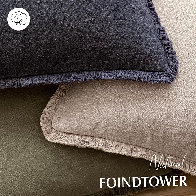 Foindtower Set of 2 Decorative Linen Fringe Throw Pillow Covers Boho Farmhouse Cushion Cover with Tassels Soft Accent Pillowcase for Couch Sofa Bed Living Room Home Decor,26×26 Inch,Natural Linen
