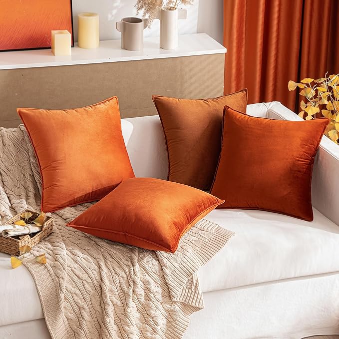 MIULEE Burnt Orange Velvet Throw Pillow Covers 18x18 Soft Decorative Solid Square Cushion Cases Pack of 2 Modern Luxury Home Decor for Couch, Sofa, Bedroom