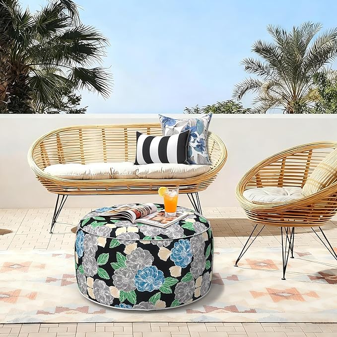 LVTXIII Outdoor Inflatable Ottoman, Fade-Resistant Round Footrest Stool D31”x H14”, Portable Patio Pouf for Garden Camping or Home Use, Peony Garden