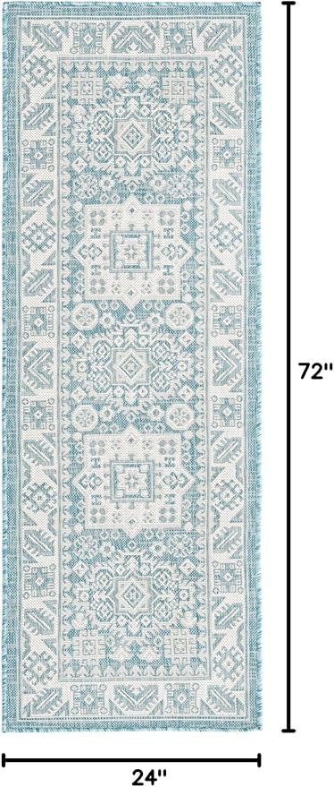 Rugs.com Outdoor Aztec Collection Rug – 6 Ft Runner Aqua Flatweave Rug Perfect for Hallways, Entryways