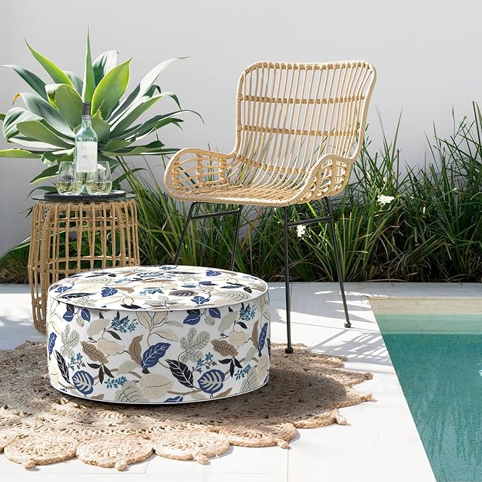 Indoor/Outdoor Inflatable Ottoman D21 x H9 inch, Round Footstool Inflatable Foot Rest Ottoman with Handle, Portable Ottomans Pouf for Patio, Garden, Camping, Home, Breeze Leaves Beige