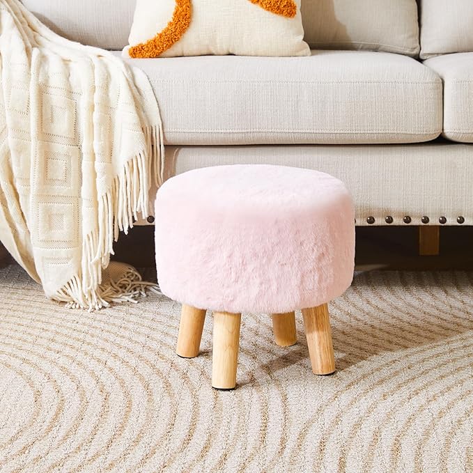 YMYNY Round Pouf Ottoman Small Foot Stool Faux Fur Foot Rest for Couch Modern Boho Footstools with Wood Legs for for Living Room Bedroom Office 12.6" D×12.6" W×12.6" H Pink UHBD035P