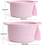 Small Cute Empty Gift Basket - Little Woven Rope Baskets for Girl, Baby Shower Gifting, Makeup, Desk，Valentines，Bathroom- Decorative Vanity Organizer Bins - 2 Pack, Pre-Shaped, Pastel Pink