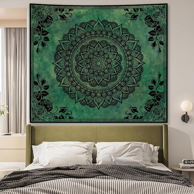 Apdidl Boho Mandala Green Tapestry for Bedroom Aesthetic, Hippie Indian Vintage Floral Decor Wall Hanging, Bohemian Ceiling Flower Plants Art Backdrop Wall Tapestries for Dorm Living Room 60" X 79"