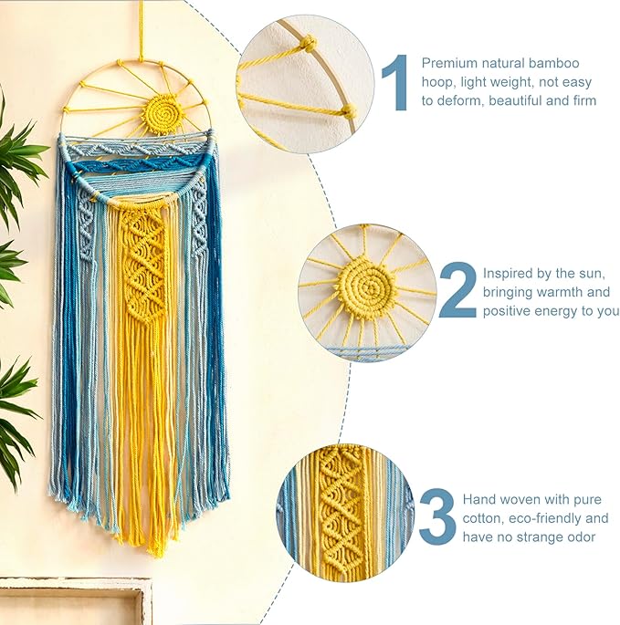 Artilady Mcrame Blue Sun Wall Decor- Boho Wall Hanging Tapestry Sunset Wall Art, Boho Woven Tapestries Big Dream Catcher Colorful Decor for Bedroom Living Room Nursery (Blue Sunset)