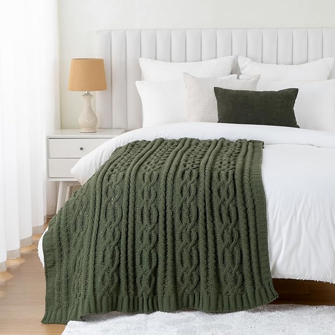 Battilo Olive Green Throw Blanket for Couch, Chunky Cable Knit Blanket, Woven Soft Cozy Chenille Throw Blanket for Bed, Sofa, Chair, Living Room, 51"x67"