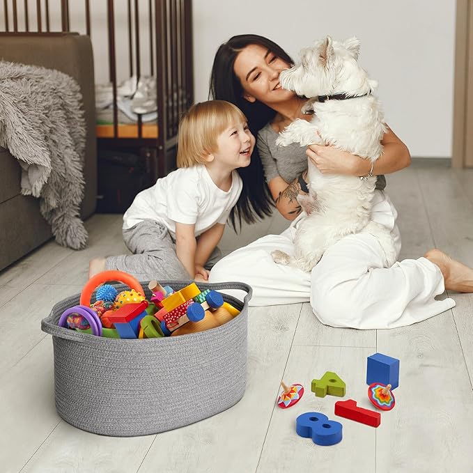 Gray Storage Basket, 17"x12"x8" Woven Cotton Rope Storage Bin, Wicker Kids Dog Toy Box, Baskets for Gifts Empty, Bathroom Towel Organizer, Blanket Holder, Baby Nursery Shelf Closet Bin