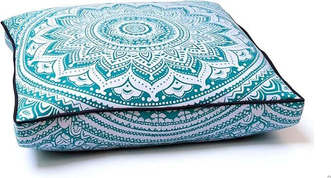 INDIAN CRAFT CASTLE ICC 24" Green Ombre Mandala Barmeri Large Floor Pillow Cover Cushion Meditation Seating Ottoman Throw Cover Hippie Decorative Zipped Bohemian Pouf Ottoman Pom Pom Cases 24" Square