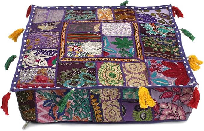 Mam Treasures Indian Bohemian Decorative Pillow Vintage Cushion Cover Patchwork Square Floor Pillow Cover Meditation Cushion Large Floor Pillow Indian Cushion (Purple, 22 X 22 X 5 Inch)