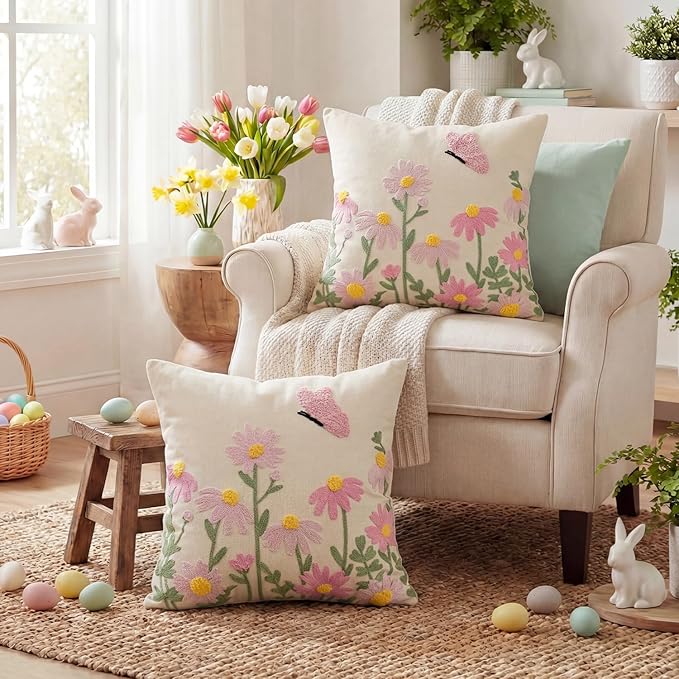 AVOIN colorlife Easter Spring Floral Embroidered Throw Pillow Covers, 18 x 18 Inch Butterfly Flowers Tufted Patterned Linen Decoration Cushion Case for Sofa Couch Set of 2
