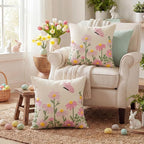 AVOIN colorlife Easter Spring Floral Embroidered Throw Pillow Covers, 18 x 18 Inch Butterfly Flowers Tufted Patterned Linen Decoration Cushion Case for Sofa Couch Set of 2