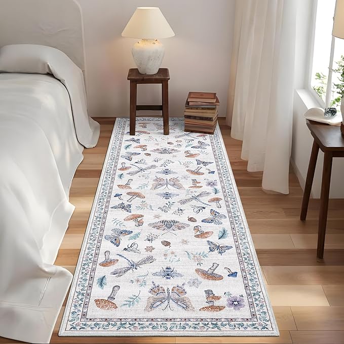 Mushroom Insect Rug 2x6 Runners for Hallways, Boho Kitchen Rugs Non Slip Bath, Modern Washable Runner Rug for Bedroom, Soft Long Rugs for Entryway Bathroom Laundry Dorm, Beige