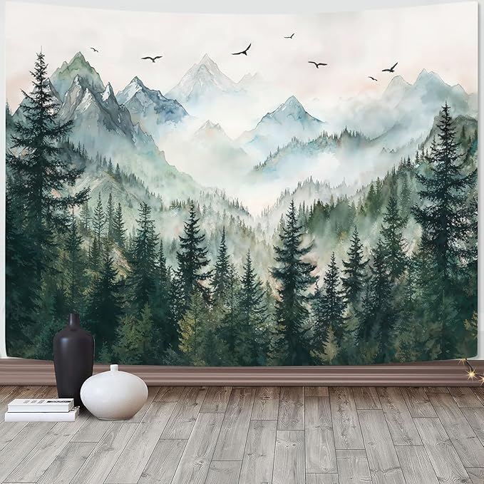 Zussun Misty Forest Mountain Tapestry Sage Green Nature Pine Tree Tapestry for Bedroom Aesthetic Watercolor Foggy Woodlands Birds Landscape Tapestries Wall Hanging for Living Room Dorm 80 x 60 Inch