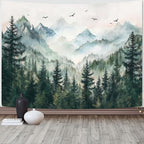 Zussun Misty Forest Mountain Tapestry Sage Green Nature Pine Tree Tapestry for Bedroom Aesthetic Watercolor Foggy Woodlands Birds Landscape Tapestries Wall Hanging for Living Room Dorm 80 x 60 Inch