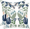 Alysheer Floral Embroidered Spring Decorative Throw Pillow Covers 20"x 20" Set of 2, Farmhouse Cottage Navy Blue Green Flowers Leaves Knit Pattern Cotton Canvas Cushion Case for Couch Bed Living Room