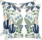 Alysheer Floral Embroidered Spring Decorative Throw Pillow Covers 20"x 20" Set of 2, Farmhouse Cottage Navy Blue Green Flowers Leaves Knit Pattern Cotton Canvas Cushion Case for Couch Bed Living Room