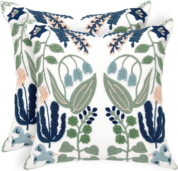 Alysheer Spring Floral Embroidered Decorative Throw Pillow Covers 18"x 18" Set of 2, Farmhouse Navy Blue Flowers Green Leaves Tufted Patterned Cotton Cushion Cases for Couch Bed Living Room Decor