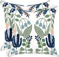 Alysheer Spring Floral Embroidered Decorative Throw Pillow Covers 18"x 18" Set of 2, Farmhouse Navy Blue Flowers Green Leaves Tufted Patterned Cotton Cushion Cases for Couch Bed Living Room Decor