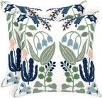 Alysheer Spring Floral Embroidered Decorative Throw Pillow Covers 18"x 18" Set of 2, Farmhouse Navy Blue Flowers Green Leaves Tufted Patterned Cotton Cushion Cases for Couch Bed Living Room Decor