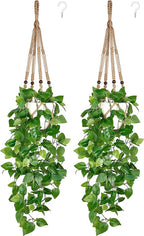 Mkono 2 Packs Fake Hanging Plant with Pot, Artificial Plants for Home Decor Indoor Macrame Plant Hanger with Faux Vine Hanging Planter Greenery for Bedroom Bathroom Office Decor, Brown (Pothos)