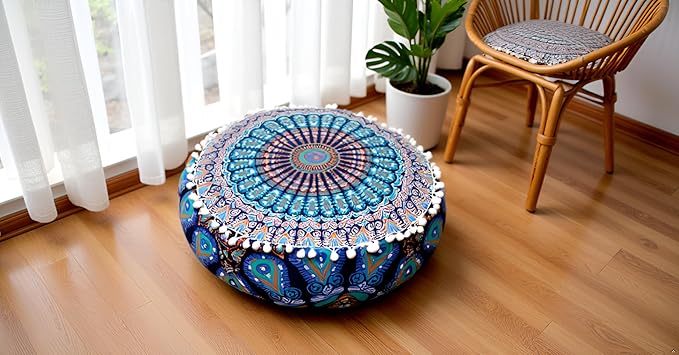 CRAFT KALA Blue Peacock Large Hippie Mandala Meditation Floor Ottoman Pillow Cushion Pouf Cover Square Poufs Bohemian Circle Floor Cushion Case Outdoor Fireplace Yoga Living Room Decor Cover 16" Round