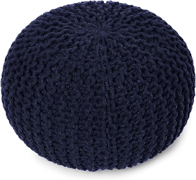 REDEARTH · Round Pouf Foot Stool Bean Bag Ottoman - Cable Knitted Cord Boho Pouffe - Poof Accent Bean Bag - Handmade by Artisans for Living Room - Bedroom (19.5"x19.5"x14") - Navy Blue