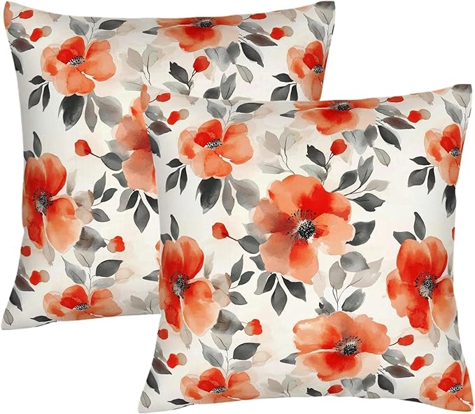 Burnt Orange Watercolor Floral Throw Pillow Covers 18x18 Set of 2, Spring Black Beige Flowers Decorative Pillowcases, Double-Sided Print Cushion Covers for Couch Sofa Bedroom Living Room Spring Decor