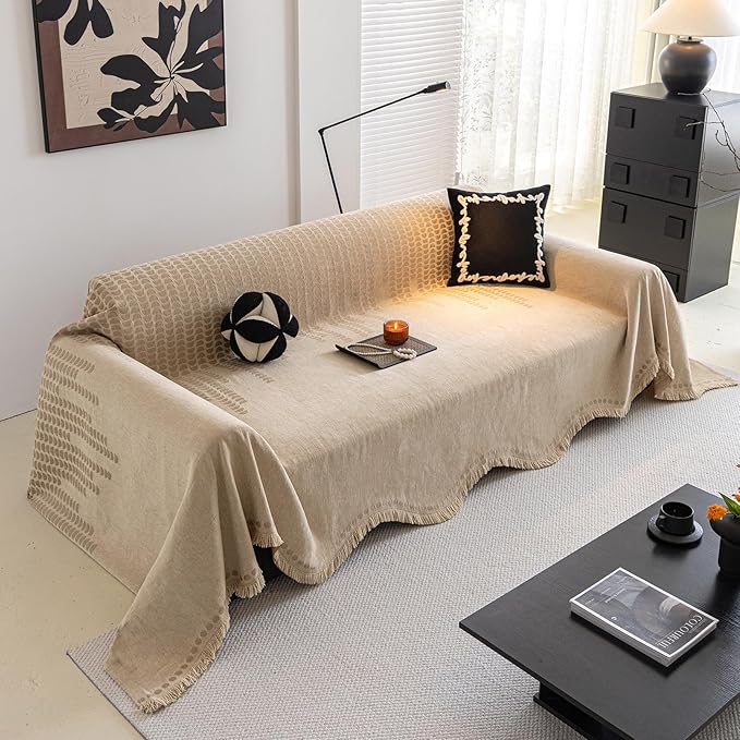 ROOMLIFE Khaki Sofa Cover, Vintage Boho Couch Cover for 3 Cushion Sofa, Non Slip Soft Chenille Sofa Slipcovers for Dog, Washable Furniture Sofa Protector Cover with Tassel for Living Room, 71''X150”