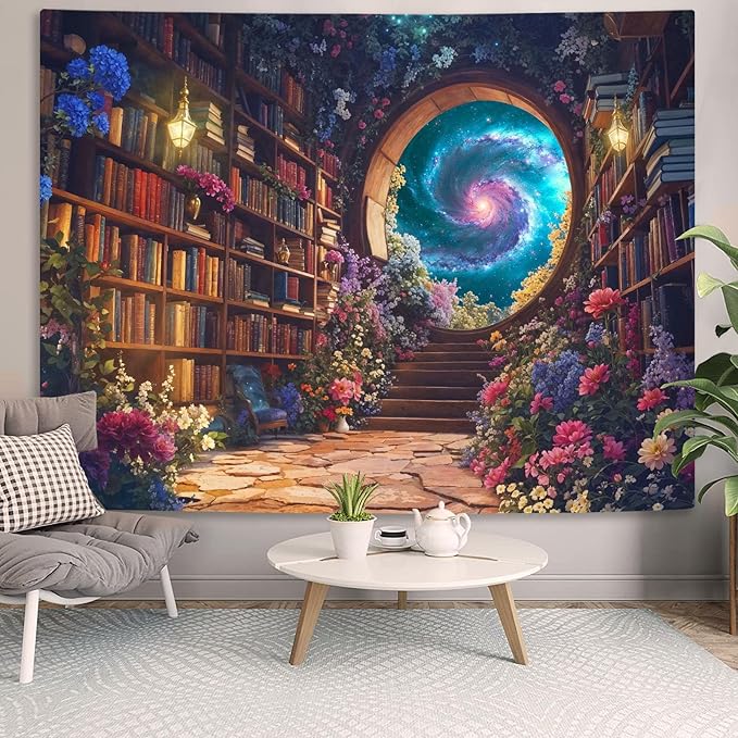 Accnicc Floral Bookshelf Tapestry Fantasy Library Tapestries Wall Hanging Vintage Plant Flower Book Small Tapestry for Bedroom Living Room Dorm 60 x 44 inch