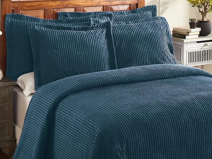 Better Trends Chenille Bedspreads Twin Size, Teal 100% Cotton Chenille Stripe Design Tufted Bedding Coverlet Soft Lightweight, 96"x110" with 1 PC Sham 2 Pieces Set Jullian Collection