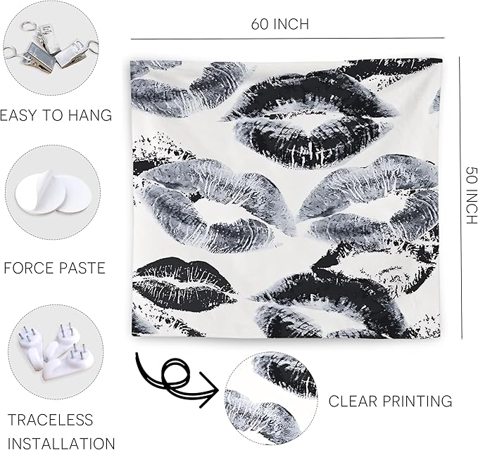 WNAGT Trendy Black and White Kiss Lips Tapestry Wall Hanging, Funky Makeup Wall Decor, Fashion Aesthetic Wall Blanket Decor for Girls Room College Dorm Makeup Room Beauty Room, 50x60 Inch
