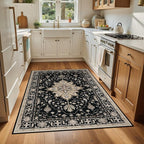 Area Rugs 4'x6' Washable Non-Slip, Floral Vintage Distress Print Pattern Medallion Carpet for Living Room Bedroom Dining Room, Black Brown Neutral Dark Tan