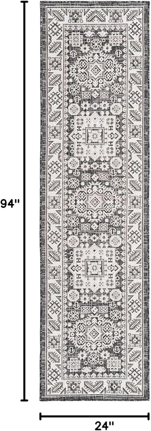 Rugs.com Outdoor Aztec Collection Rug – 8 Ft Runner Charcoal Gray Flatweave Rug Perfect for Hallways, Entryways
