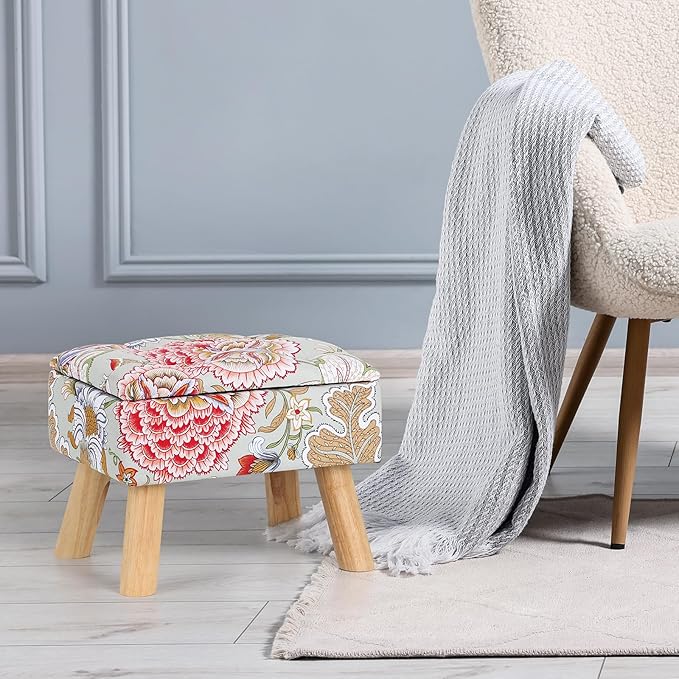 ETELI Small Foot Stool Ottoman with Storage Versatile Square Storage Ottoman Boho Foot Rest with Sturdy Wood Legs Floral Footstools and Ottomans for Living Room Bedroom and Enterway