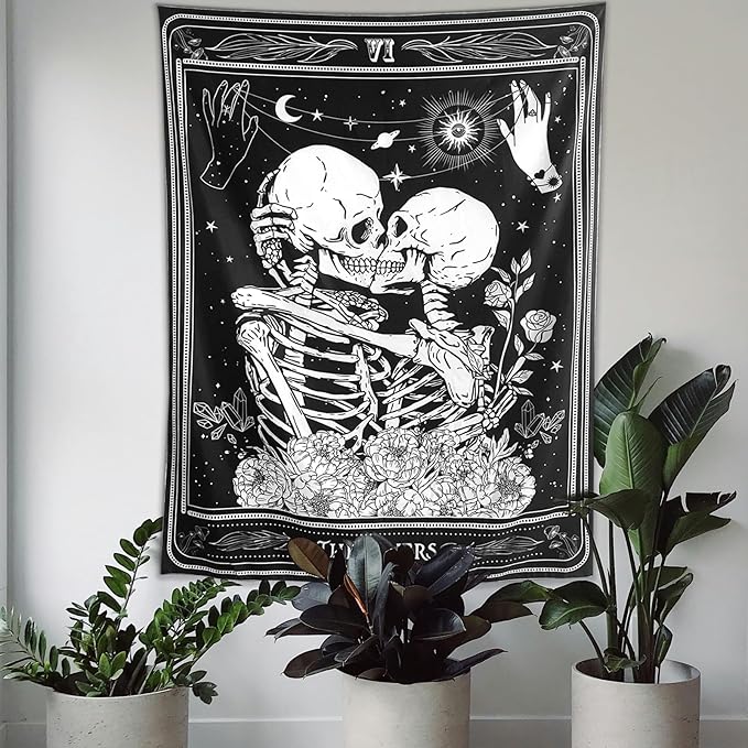 KJHL The Lovers Skull Wall Tapestry Black and White Skeleton Tapestry Gothic Room Decor Witchy Tapestries Aesthetic Wall Hanging for Bedroom Living Room 60" x 44"