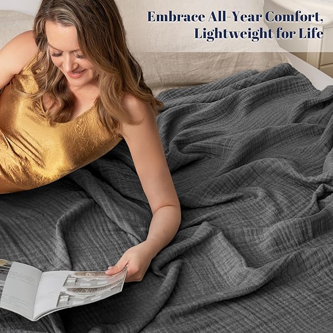PHF 100% Cotton Muslin Blanket Twin XL Size 66"x90", 4-Layer Lightweight Gauze Throw, Breathable Cloud-Soft Minimalist Blanket for Bed, Couch, Camping & Baby, Greyish Black, Ideal Gift