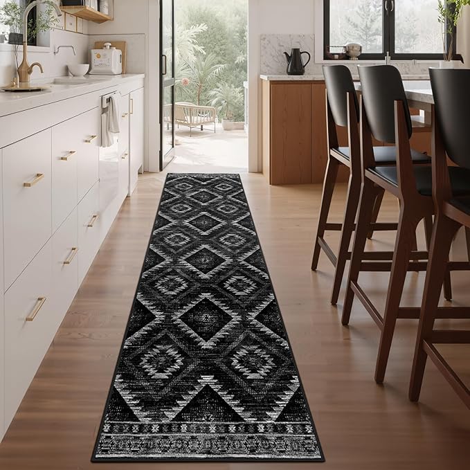 Area Rug 2x8 Rug Machine Washable Non-Slip Low Pile Print Pattern Western Rug for Living Room Bedroom Entryway Tribal Series-Black