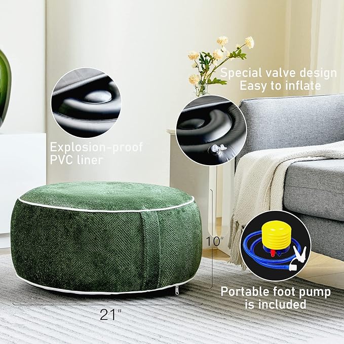 Inflatable Pouf Ottoman, 21x10 Inches Stuffed Chenille Ottoman with Inflatable PVC Liner, Foot Rest with Portable Handle, Round Floor Pillow for Living Room, Bedroom, Kids Room