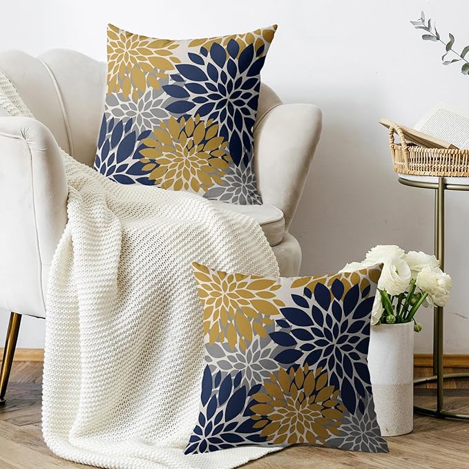 Yellow and Blue Throw Pillow Covers 18X18 Inch Set of 2, Navy Yellow Gray Grey Dahlia Floral Print Modern Decorative Pillow Covers Outdoor Farmhouse Cushion Case for Home Couch Sofa Bed Decoration