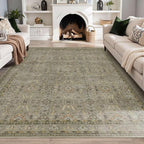 8x10 Area Rugs for Living Room Bedroom, Large Washable Rug, Vintage Floral Boho Rug, Non Slip & Low Pile Faux Wool Thin Carpet for Indoor Dining Room and Kids Room(Olive Brown 8x10ft)