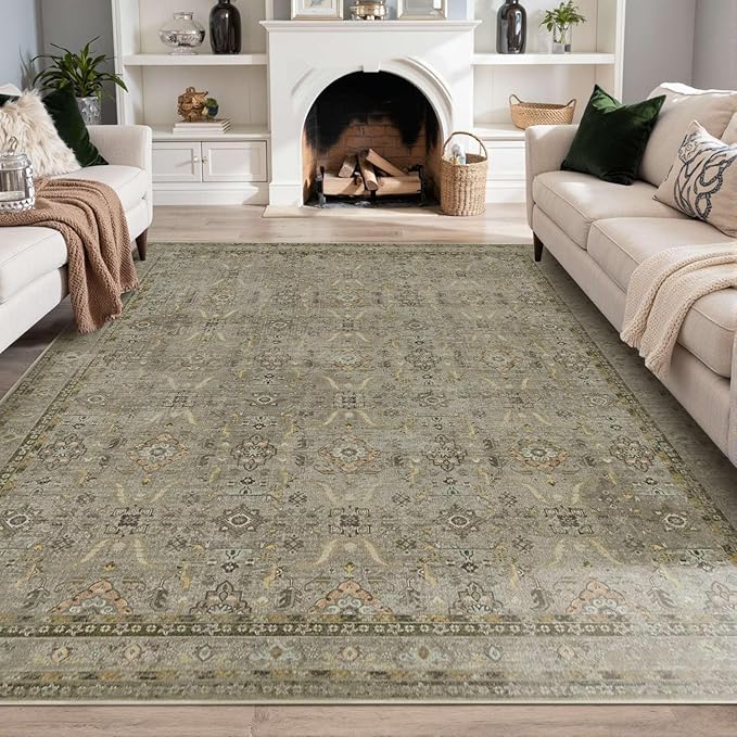8x10 Area Rugs for Living Room Bedroom, Large Washable Rug, Vintage Floral Boho Rug, Non Slip & Low Pile Faux Wool Thin Carpet for Indoor Dining Room and Kids Room(Olive Brown 8x10ft)
