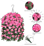 Fake Geraniums Artificial Hanging Flowers Basket for Outdoors, Spring Outdoor Hanging Plants Faux Silk Geraniums Vines in Planter UV Resistant Realistic for Outside Porch Yard Balcony Patio, Pink
