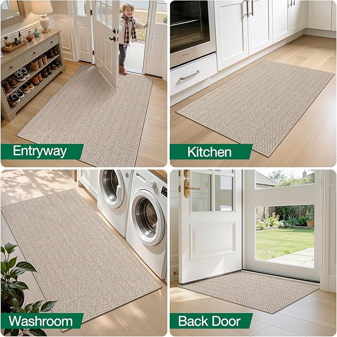 LUMI Ultra Thin Indoor Door Mat for Entrance 32"x48", Non Slip Entryway Mat, Low Profile Doormat, Unique Herringbone Design Carpet for Inside, Patio, Porch, Beige