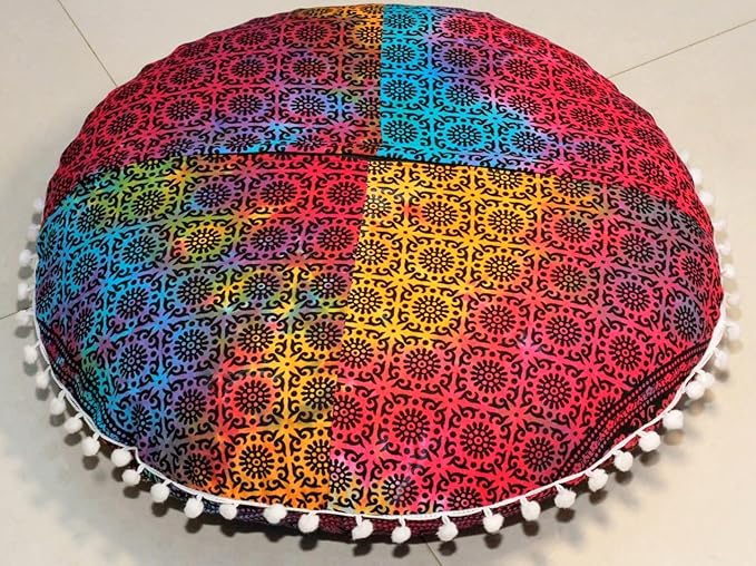 CRAFT KALA 22" Round Mandala Boho Pillow Cover Meditation Room Seating Poufs Cover for Living Room Yoga Room Home Bedroom Balcony Garden Party Decoration Cotton Floor Cushion Cover 22", Multi Elephant
