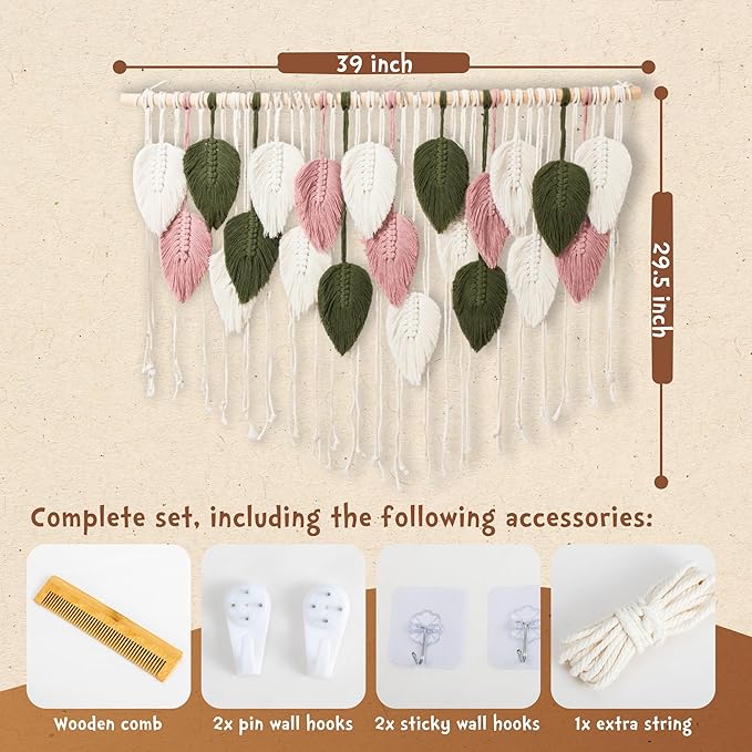 WOODSTICK Large Macrame Wall Hanging 39"W x 29.5"L - Boho Wall Decor in Beige, Old Pink & Green - Chic Woven Leaf Leaves Boho Tapestry, Handmade Cotton Fiber Art, Macrame Wall Décor, Bedroom Tapestry