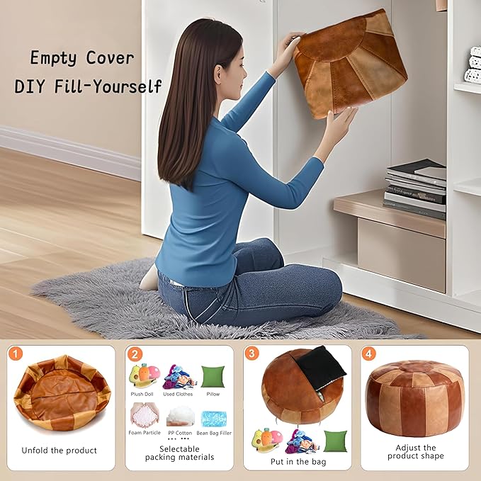 Thgonwid Unstuffed Moroccan Storage Pouf Foot Stool Ottoman Seat Handmade Faux Leather Bean Bag Floor Chair Foot Rest for Living Room, Bedroom or Balcony (Brown & Khaki)