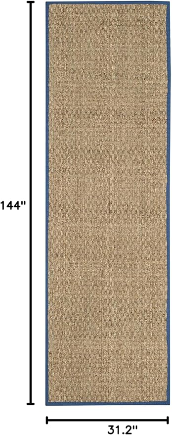 SAFAVIEH Natural Fiber Collection Runner Rug - 2'6" x 12', Natural & Navy, Seagrass, Basketweave Pattern with Border (NF114T)