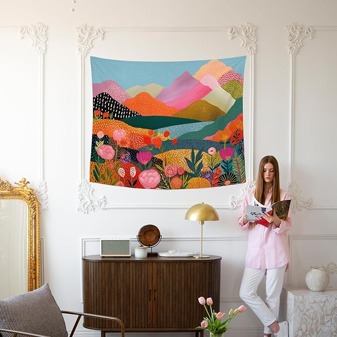 MNASAIOO Colorful Mountian Floral Wall Tapestry Hanging for Bedroom, Trendy Landscape Tapestries, Retro Abstract Wall Decor Banner for Living Girly Room Dorm 50x60in