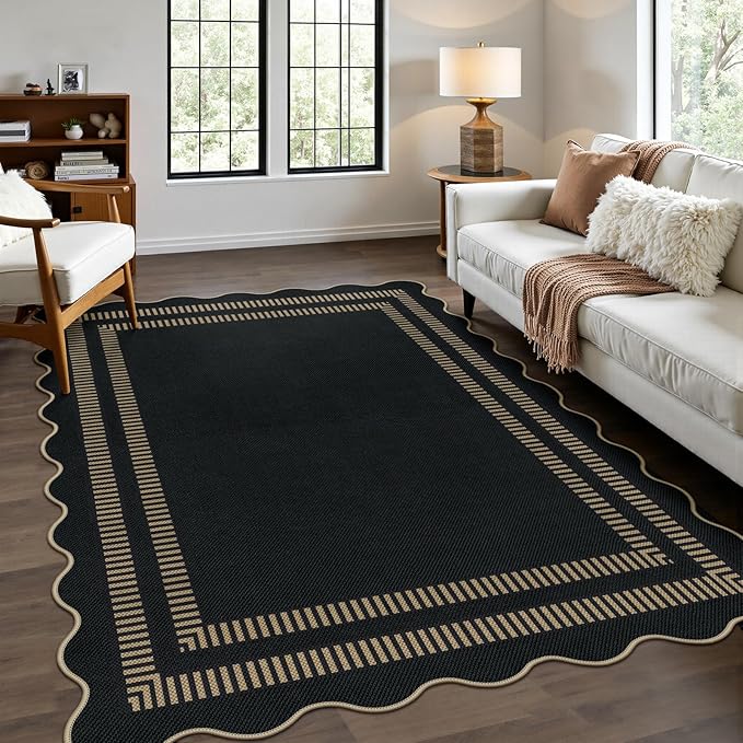 Scalloped Modern Easy Jute Carpet, 4x6 Outdoor Patio Washable Area Rug, Indoor Black Kitchen Rugs Farmhouse Neutral Non Slip Rug for Living Room Patio Entryway